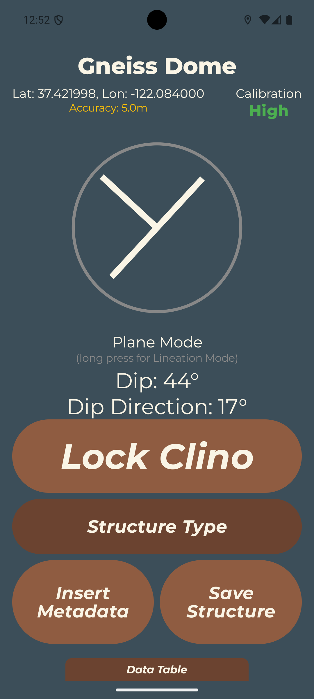 Clinometer tool screen